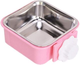 Stainless Steel Pet Crate Bowl Removable Cage Hanging Bowls with Bolt Holder for Pets (Color: Pink)